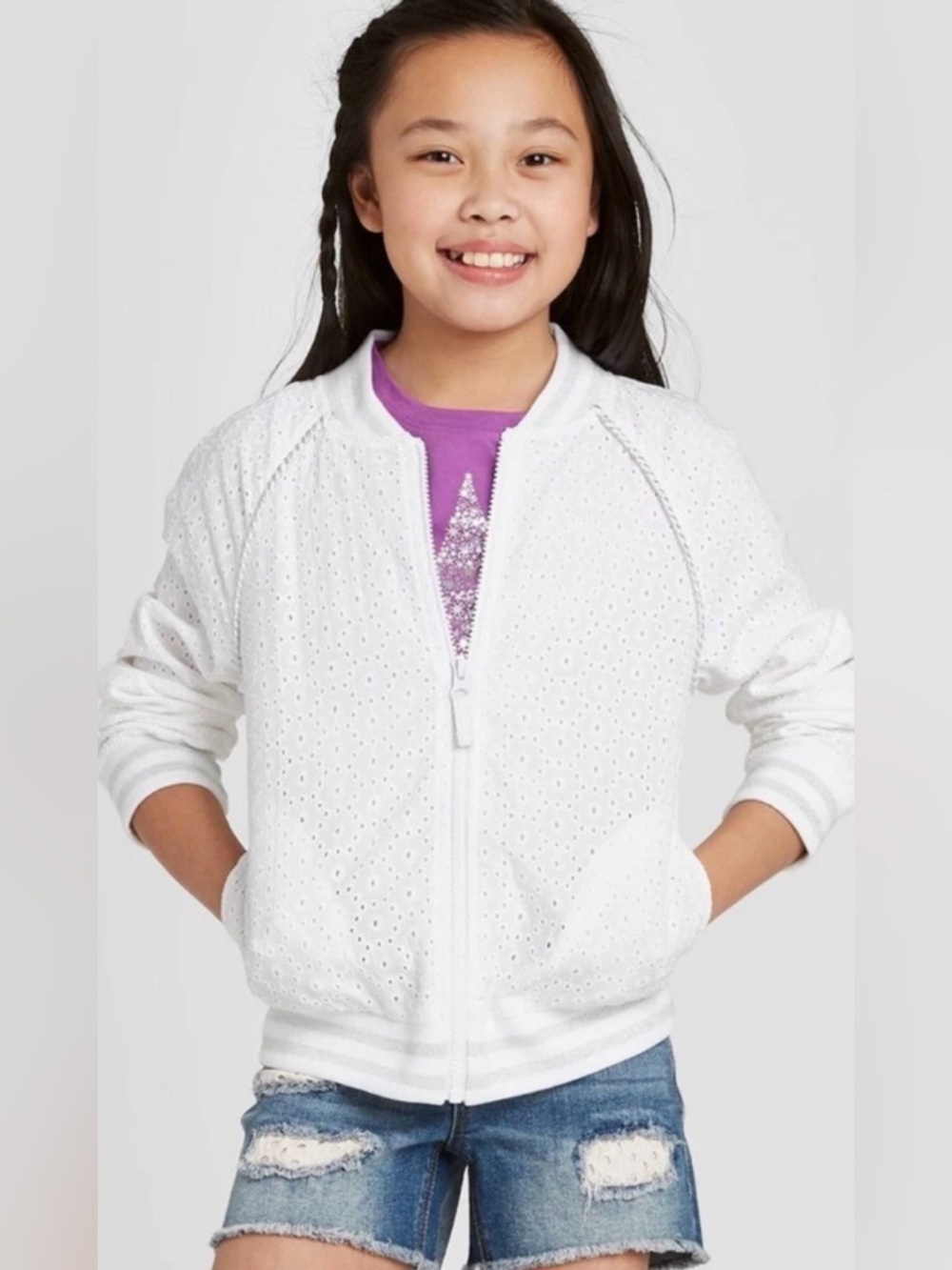 Cat & Jack girls white eyelet bomber jacket size XL NWOT
